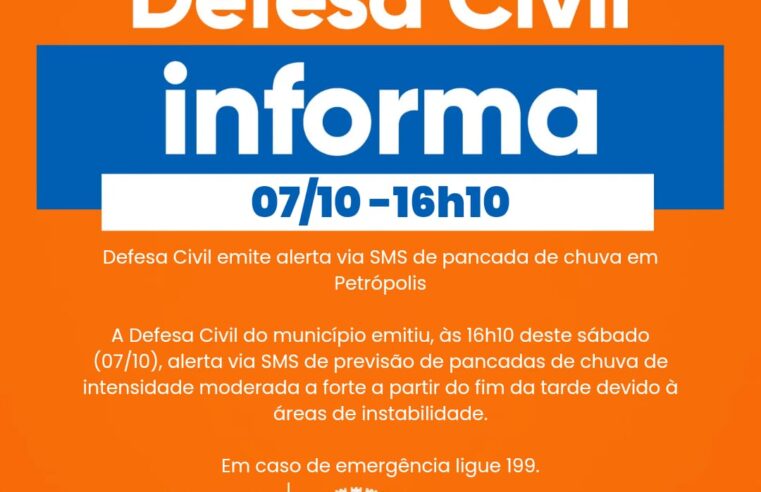 Defesa Civil emite alerta via SMS de pancada de chuva em Petrópolis