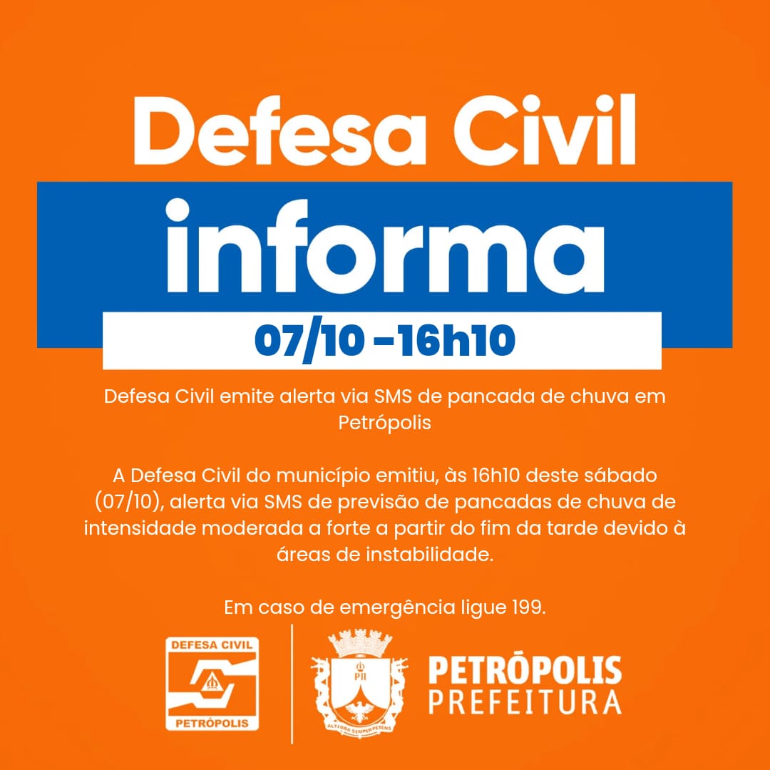 Defesa Civil emite alerta via SMS de pancada de chuva em Petrópolis