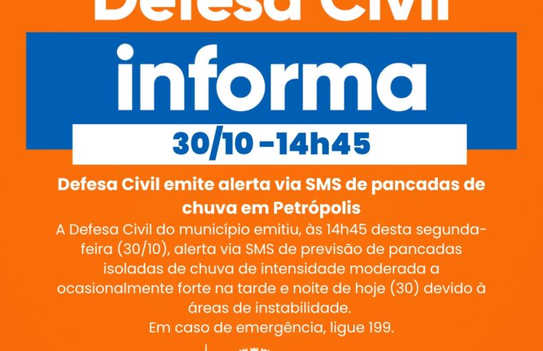 Defesa Civil emite alerta via SMS de pancadas de chuva em Petrópolis