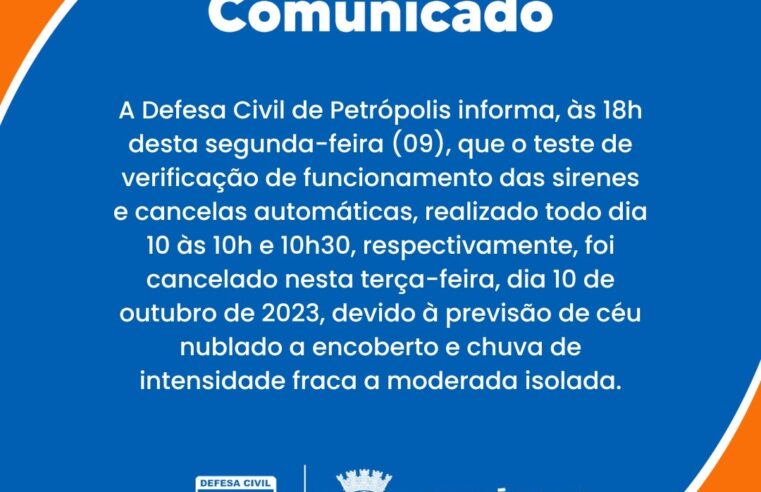 Defesa Civil cancela teste de sirenes e cancelas automáticas que aconteceria nesta terça-feira