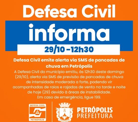 Defesa Civil emite alerta via SMS de pancadas de chuva em Petrópolis