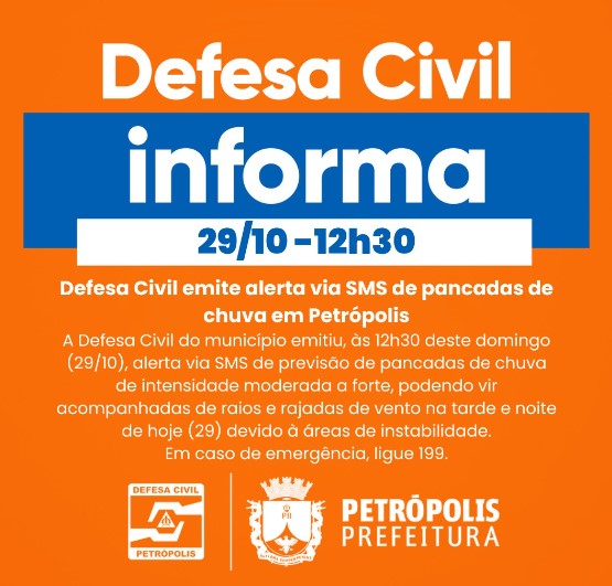 Defesa Civil emite alerta via SMS de pancadas de chuva em Petrópolis