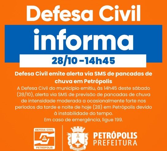 Defesa Civil emite alerta via SMS de pancadas de chuva em Petrópolis