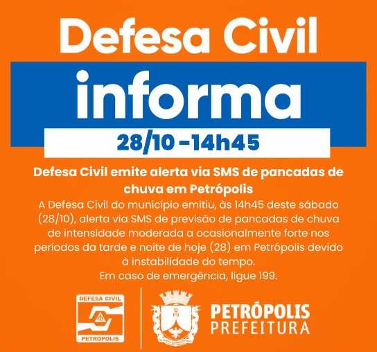 Defesa Civil emite alerta via SMS de pancadas de chuva em Petrópolis