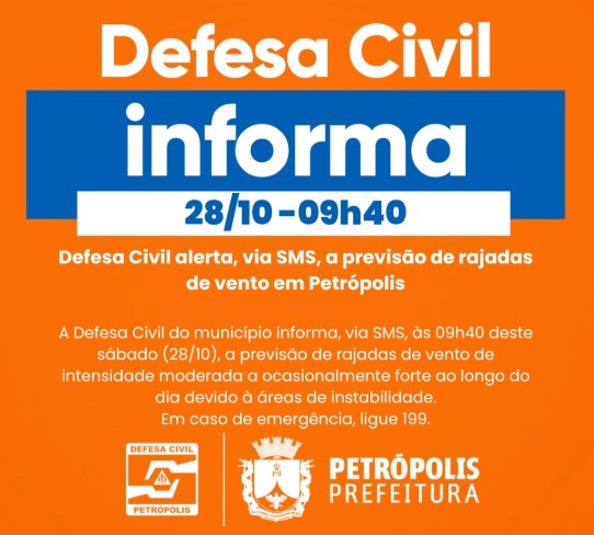 Defesa Civil alerta, via SMS, a previsão de rajadas de vento em Petrópolis