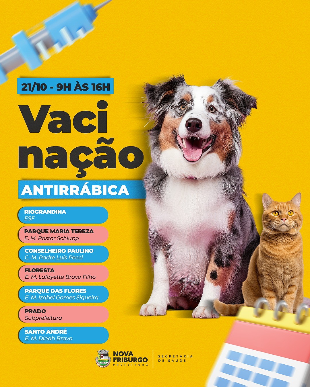 Secretaria de Saúde inicia campanha de vacinação antirrábica na zona urbana de Nova Friburgo no sábado