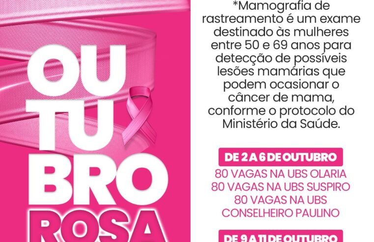 Outubro Rosa: Secretaria de Saúde realiza mutirão de agendamento de Mamografias de rastreamento 