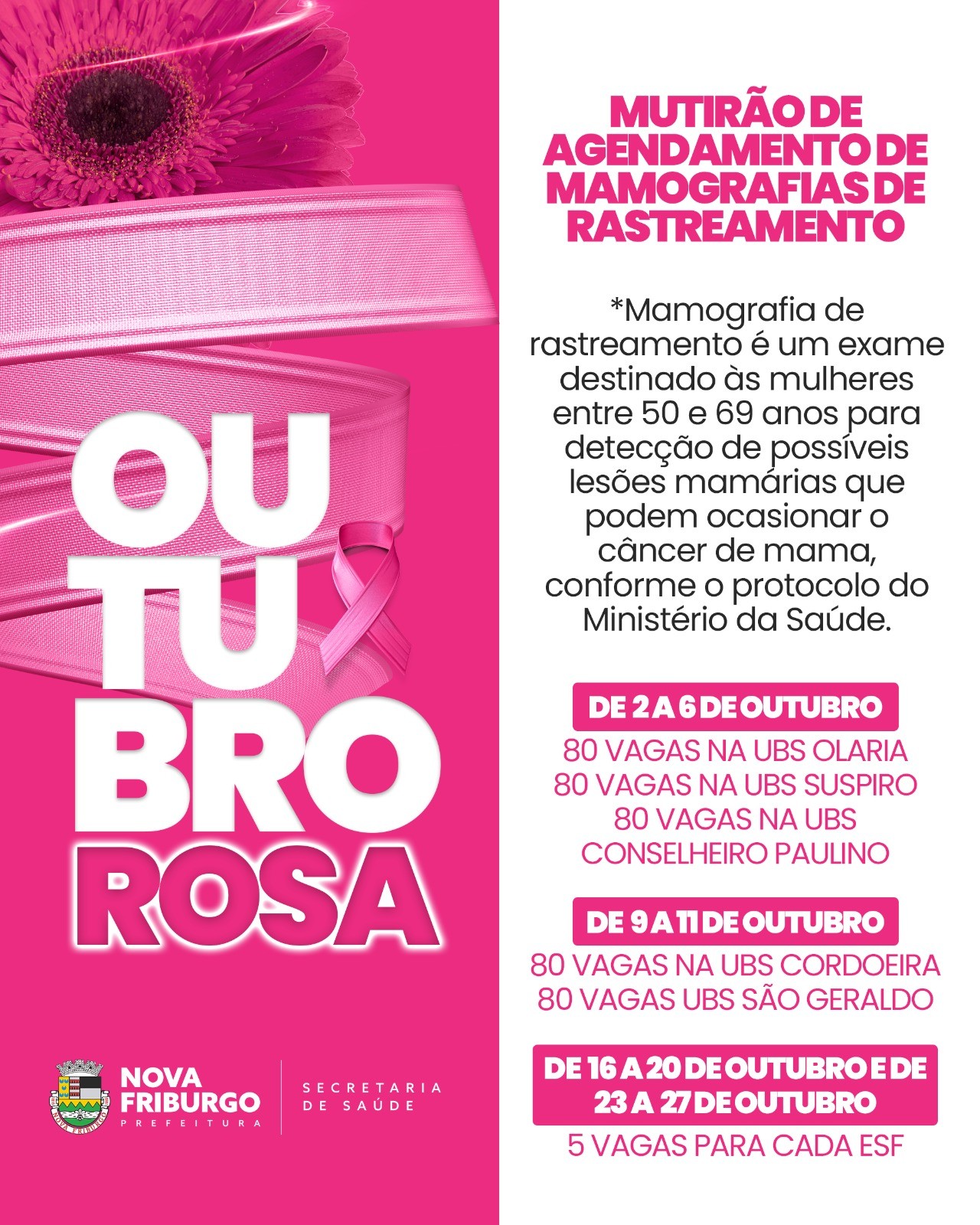Outubro Rosa: Secretaria de Saúde realiza mutirão de agendamento de Mamografias de rastreamento 