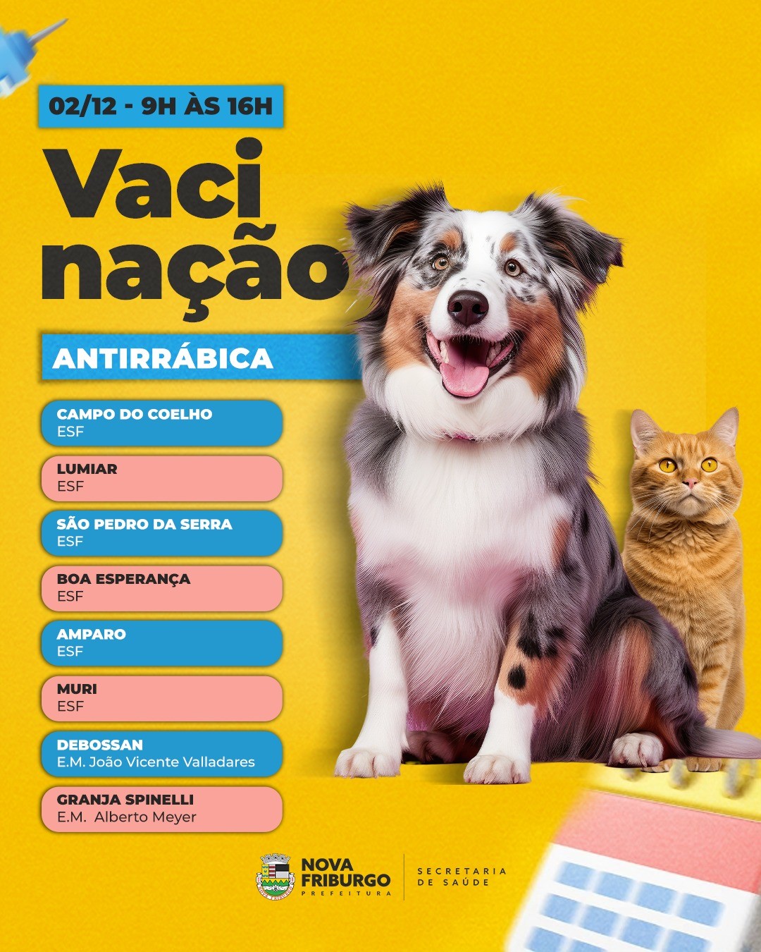 Bairros de Nova Friburgo terão vacinação antirrábica no próximo sábado