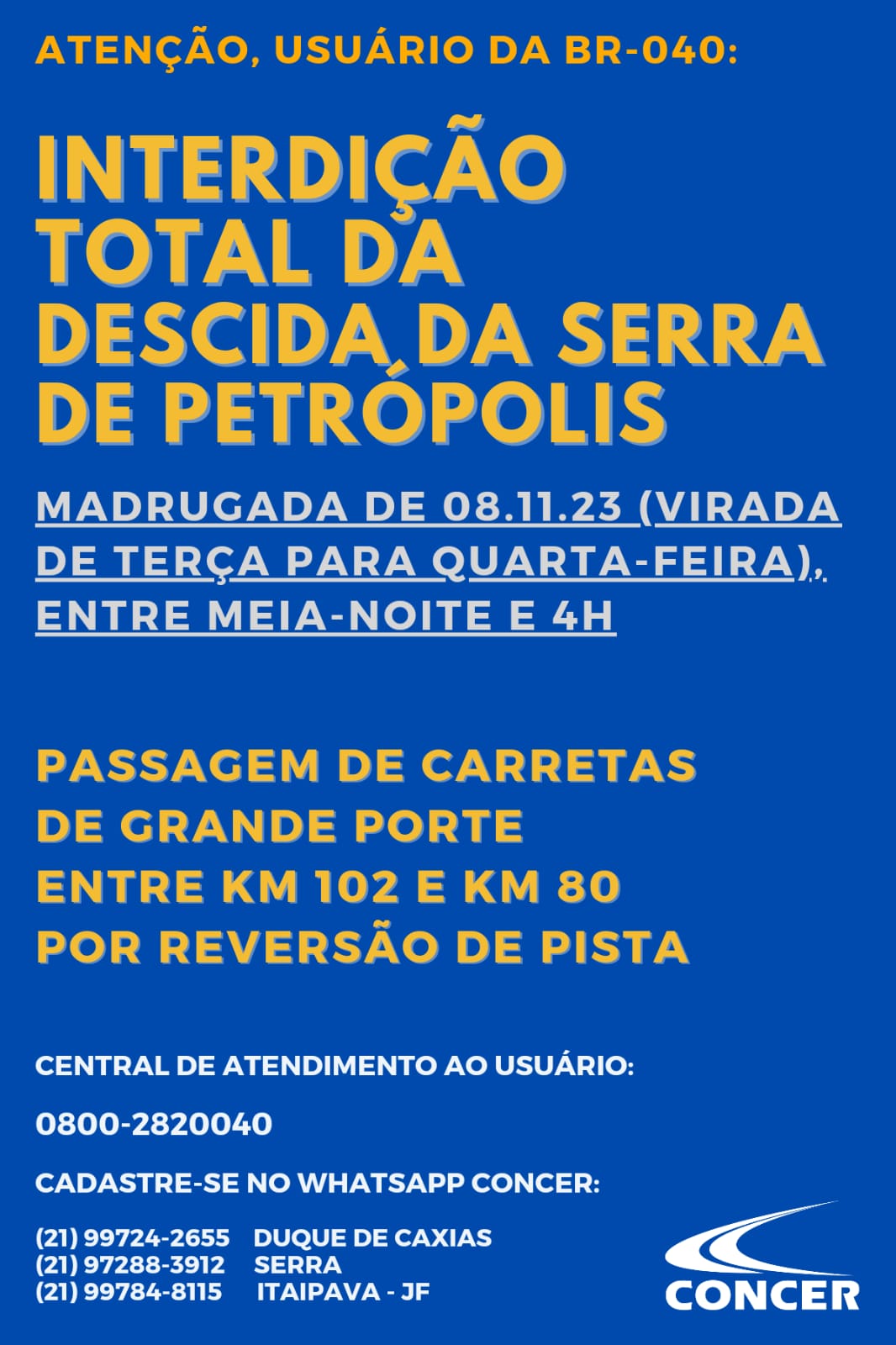Passagem de carretas interditará descida da serra de Petrópolis na madrugada do dia 08/11