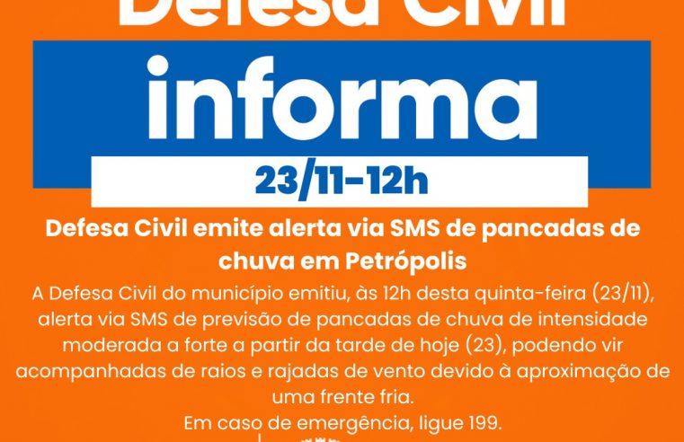 Defesa Civil emite alerta via SMS de pancadas de chuva em Petrópolis