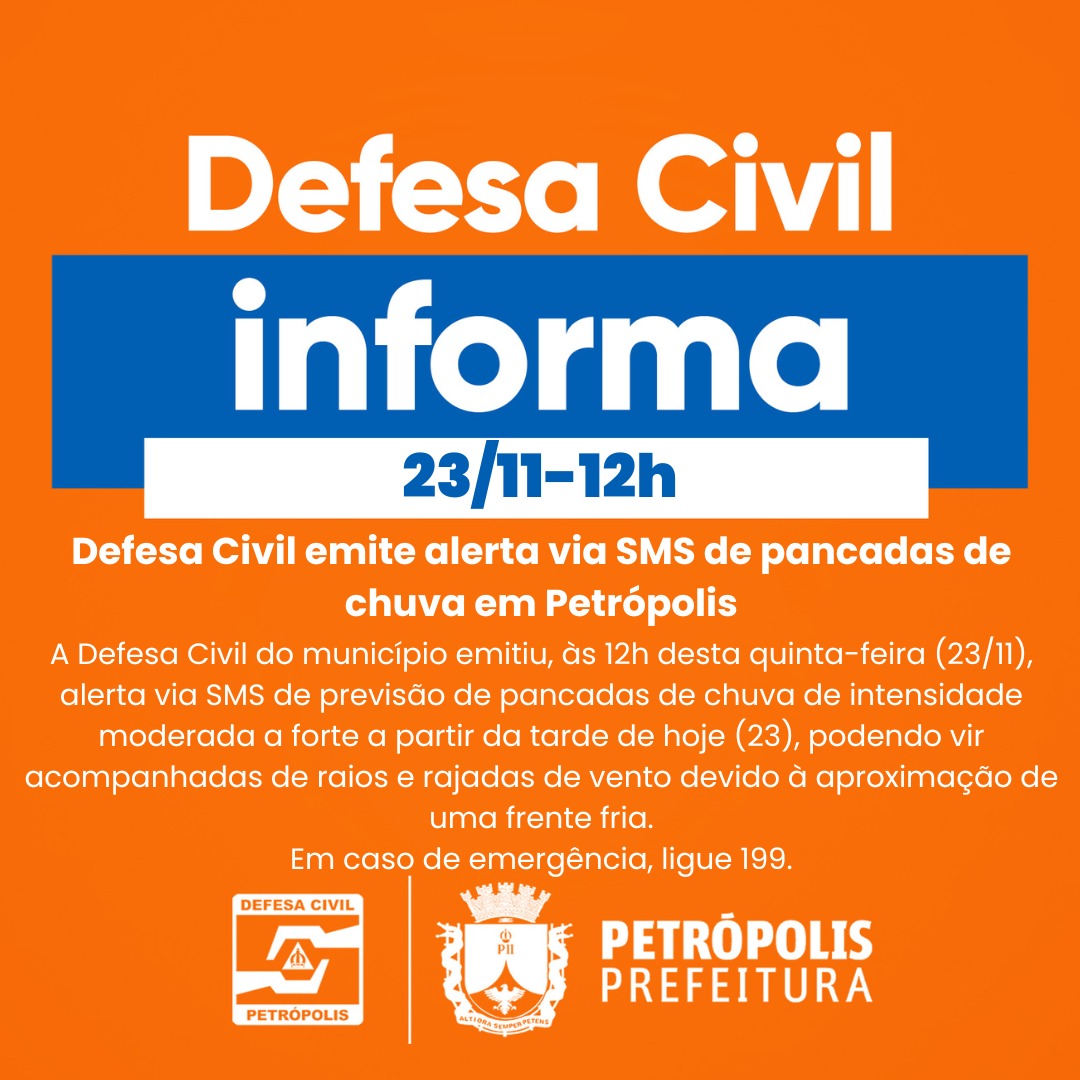 Defesa Civil emite alerta via SMS de pancadas de chuva em Petrópolis