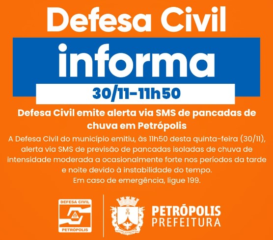 Defesa Civil emite alerta via SMS de pancadas de chuva em Petrópolis