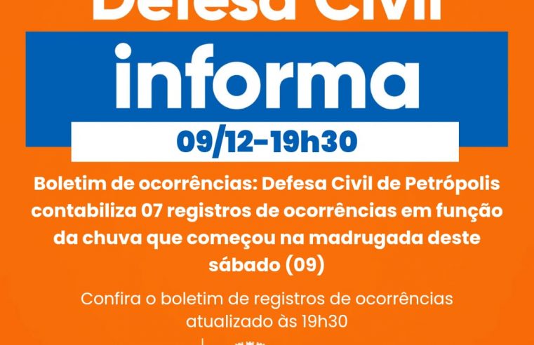 Defesa Civil de Petrópolis contabiliza 07 registros de ocorrências em função da chuva que começou na madrugada deste sábado (09)