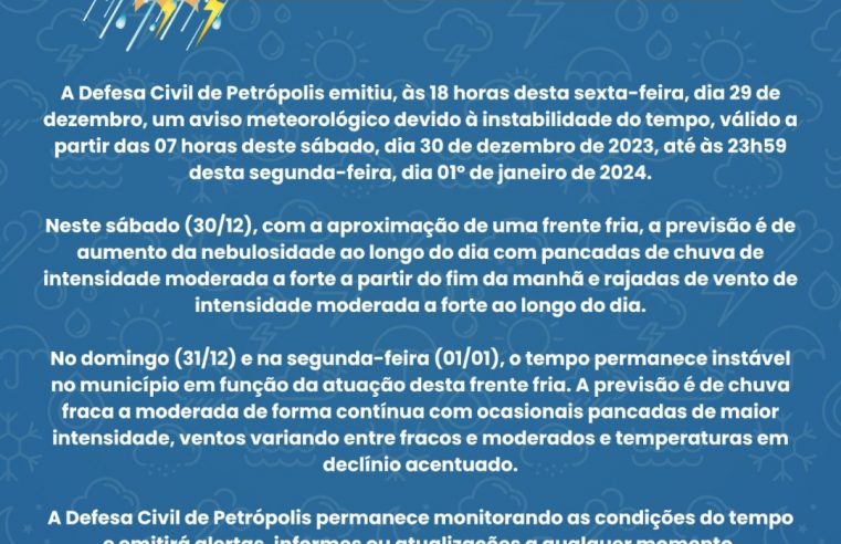 Defesa Civil de Petrópolis emite aviso meteorológico devido à instabilidade do tempo
