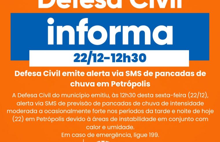 Defesa Civil emite alerta via SMS de pancadas de chuva em Petrópolis