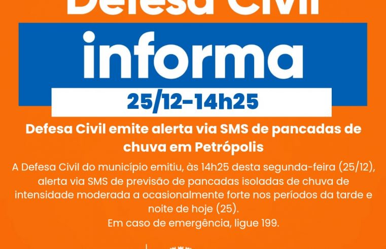 Defesa Civil emite alerta via SMS de pancadas de chuva em Petrópolis