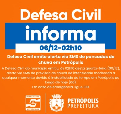 Defesa Civil emite alerta via SMS de pancadas de chuva em Petrópolis