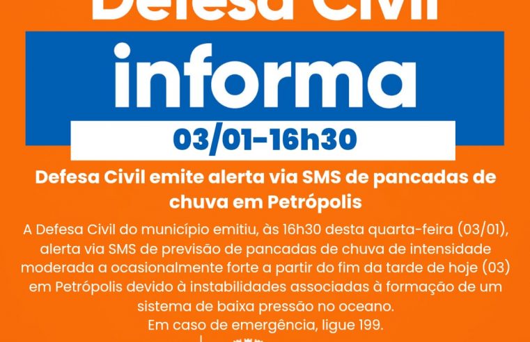Defesa Civil emite alerta via SMS de pancadas de chuva em Petrópolis
