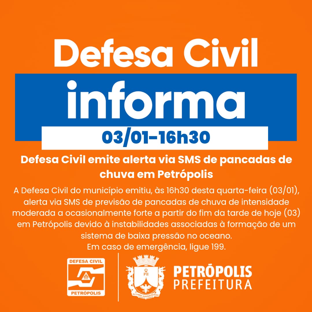 Defesa Civil emite alerta via SMS de pancadas de chuva em Petrópolis