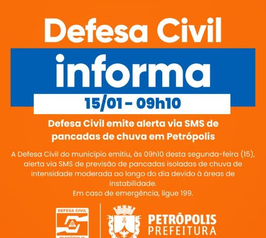Defesa Civil emite alerta via SMS de pancadas de chuva em Petrópolis