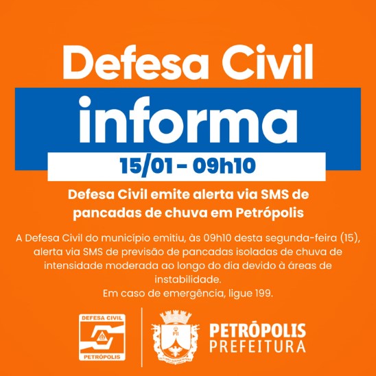 Defesa Civil emite alerta via SMS de pancadas de chuva em Petrópolis