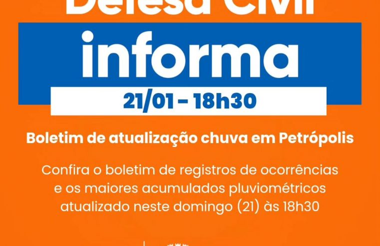 Defesa Civil de Petrópolis contabiliza 11 registros de ocorrências em função das chuvas da última madrugada e ao longo deste domingo (21)