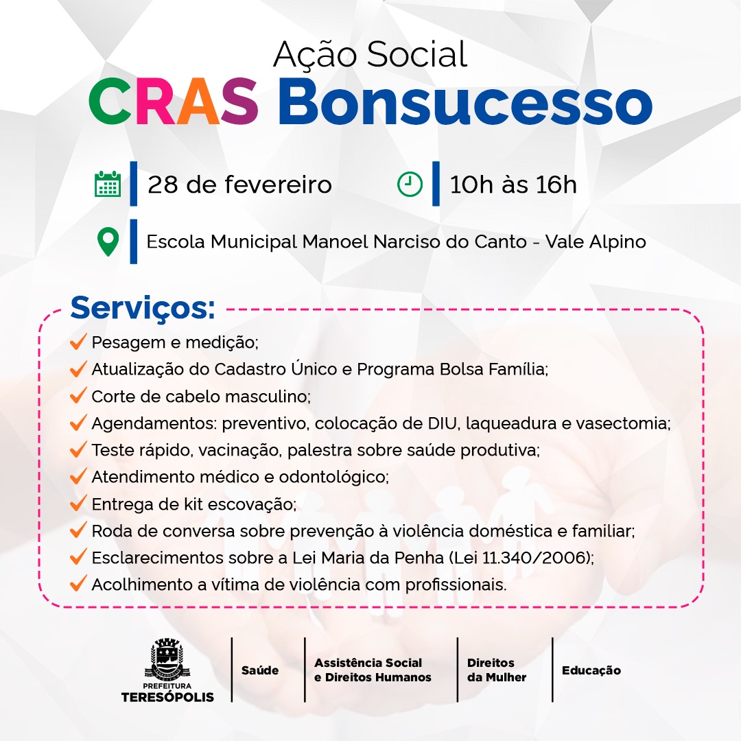 CRAS de Bonsucesso, em Teresópolis, promoverá ação social no dia 28 de fevereiro