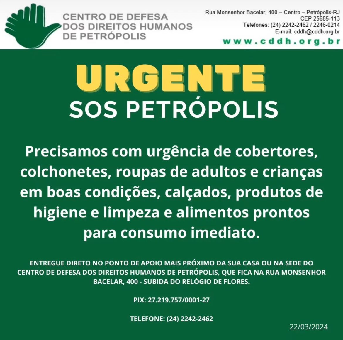 CDDH realiza campanha para ajudar vítimas da chuva em Petrópolis