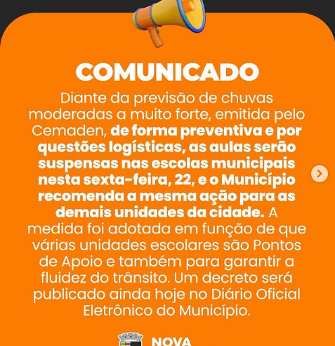 Prefeitura de Nova Friburgo suspende aulas devido a previsão de fortes chuva para esta sexta-feira (22)
