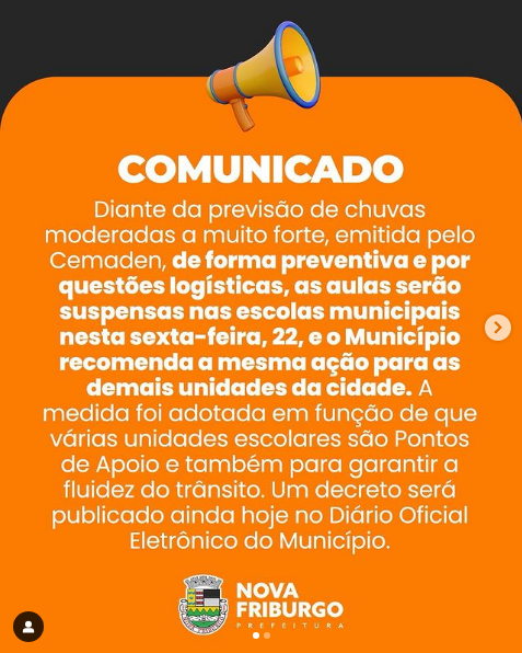 Prefeitura de Nova Friburgo suspende aulas devido a previsão de fortes chuva para esta sexta-feira (22)