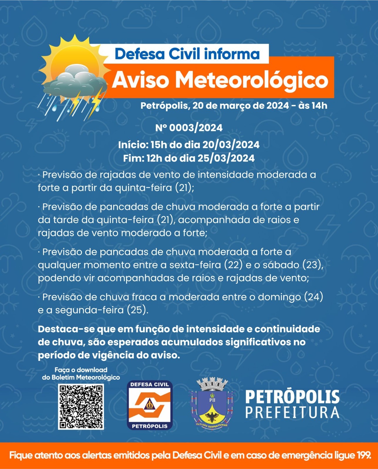 Defesa Civil de Petrópolis emite aviso meteorológico devido à instabilidade do tempo associada a passagem de uma frente fria