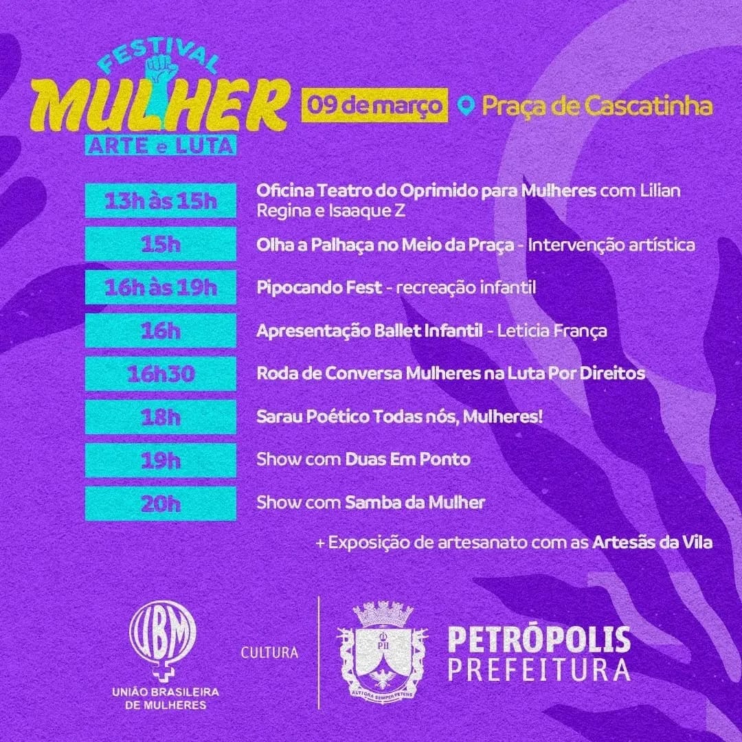 Neste sábado a praça de Cascatinha recebe o Festival MULHER, arte e luta!