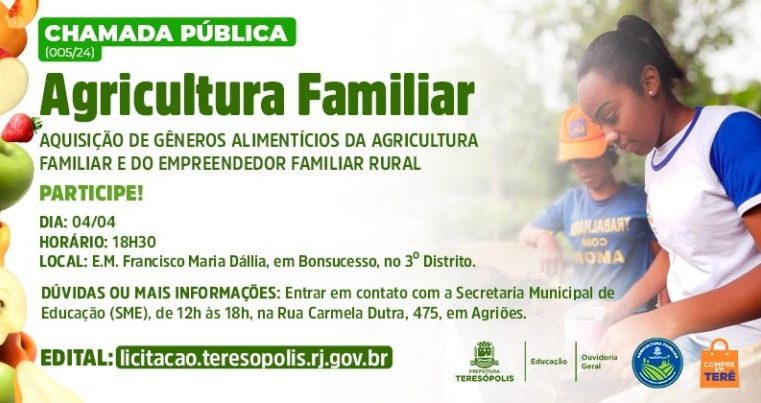 Inscrições para Chamada Pública da Agricultura Familiar para compor a merenda escolar terminam na próxima quart, em Teresópolis