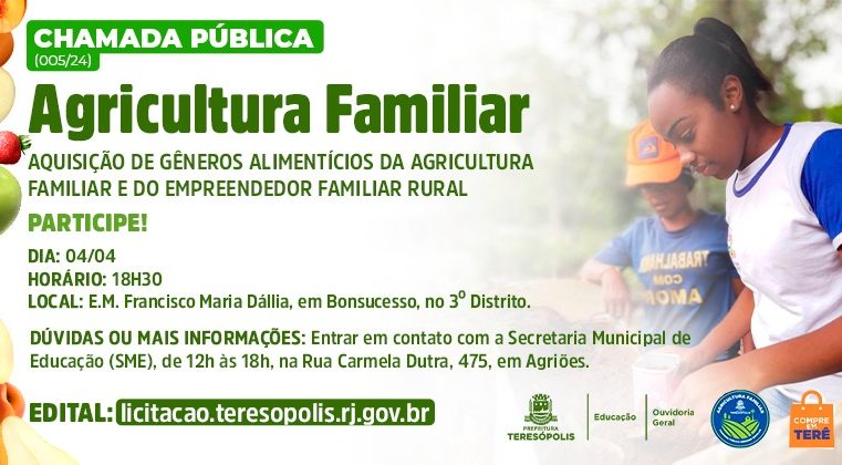 Chamada Pública da Agricultura Familiar para compor a merenda escolar acontece nesta quinta, 4
