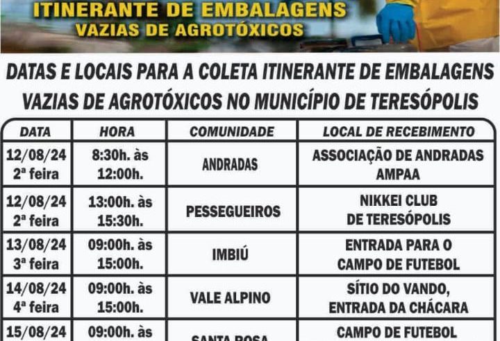 Coleta itinerante de embalagens vazias de agrotóxicos será realizada no interior de Teresópolis
