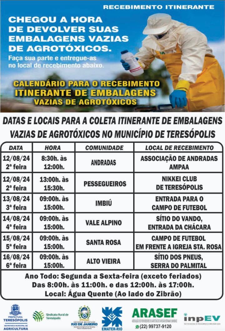 Coleta itinerante de embalagens vazias de agrotóxicos será realizada no interior de Teresópolis
