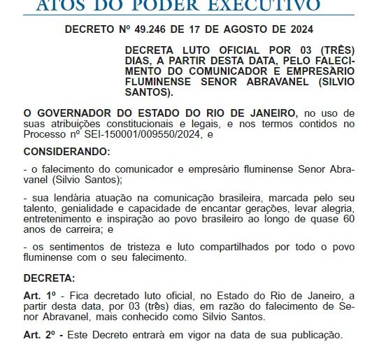 Cláudio Castro decreta luto de três dias pelo falecimento de Silvio Santos