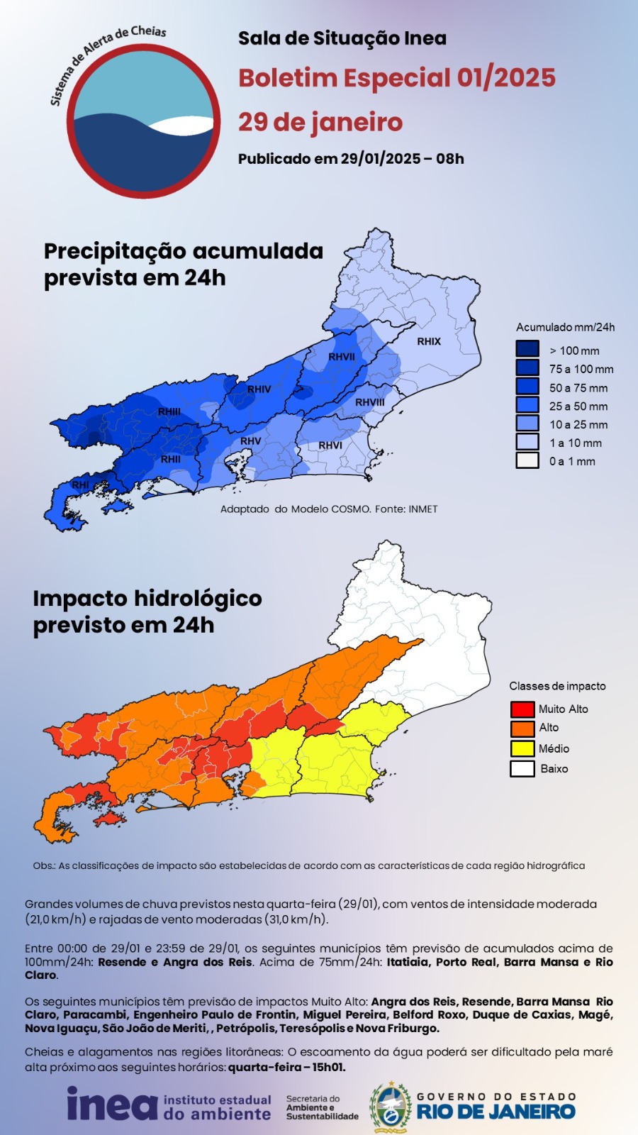 Inea emite boletim com previsão de chuva forte e impactos hidrológicos em quase todo estado